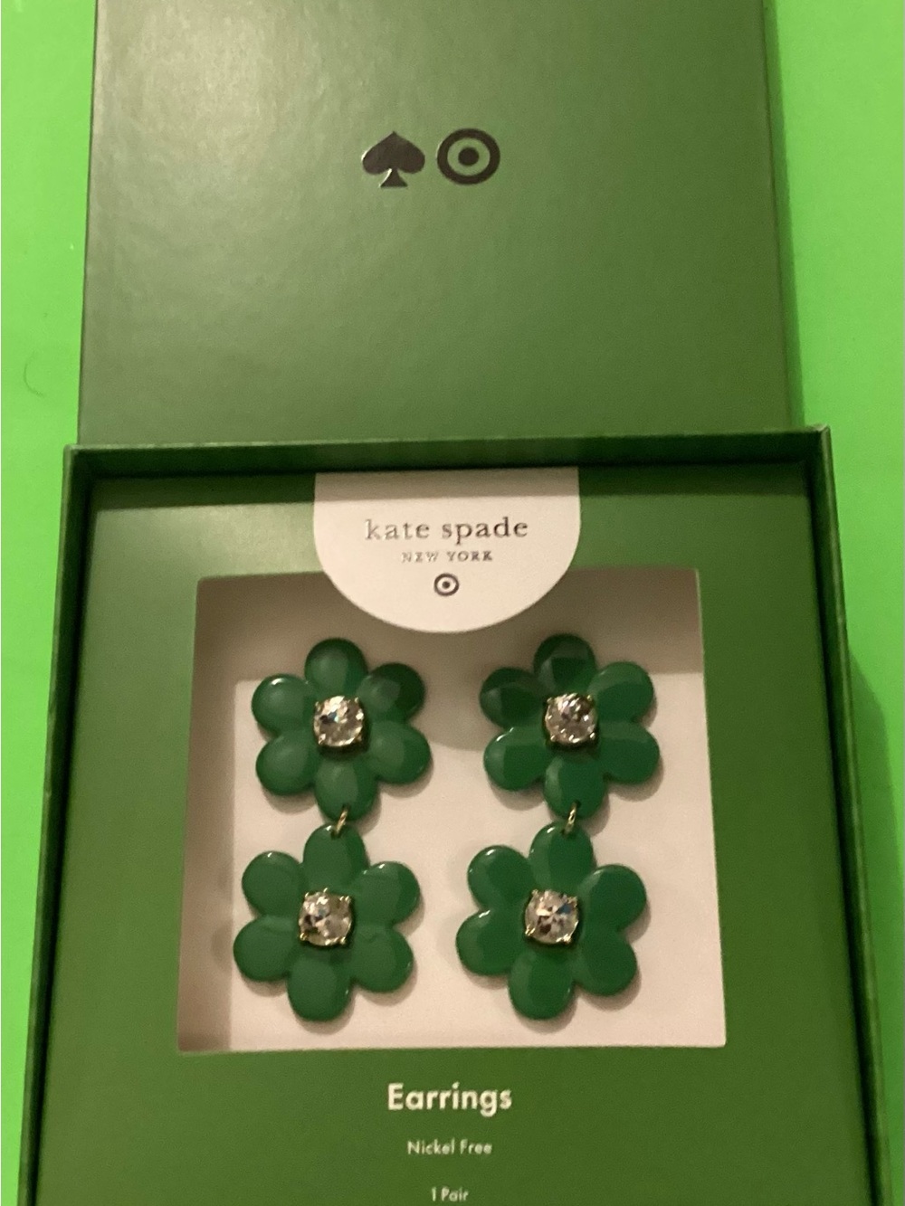 Kate Spade target green double floral linear drop earrings in box